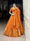 Mustard Colour Pure Chanderi Plain With Zari Weaving Work Border Lehenga With Blouse Dupatta Lnb1906